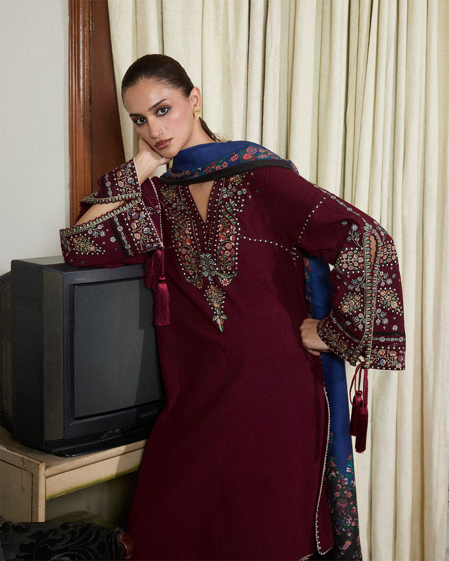 Jugnu Lahore Womenswear Embroidered Karandi Unstitched 3Pc Suit - RAMI