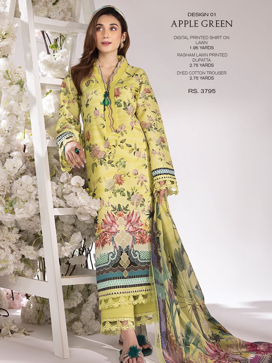 Rang Rasiya Summer Breeze Unstitched Lawn 3Pc Suit D-01 Apple Green