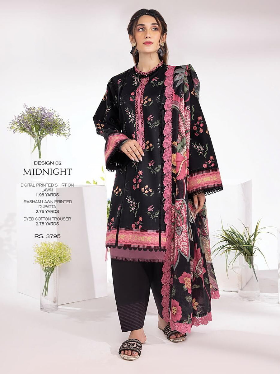 Rang Rasiya Summer Breeze Unstitched Lawn Print 3Pc Suit D-02 Midnight