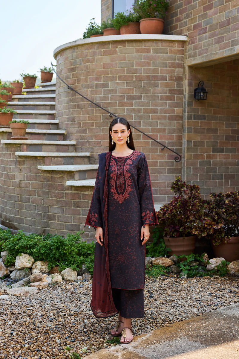 Farasha Sorine Summer Embroidered Lawn Unstitched 3Pc Suit - Raven Allure