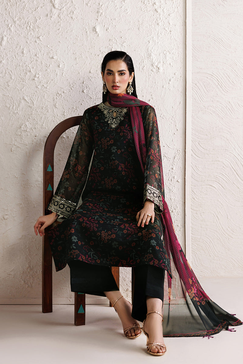 Farasha Fiorella Embroidered Chiffon Unstitched 3Pc Suit - Raven Melody