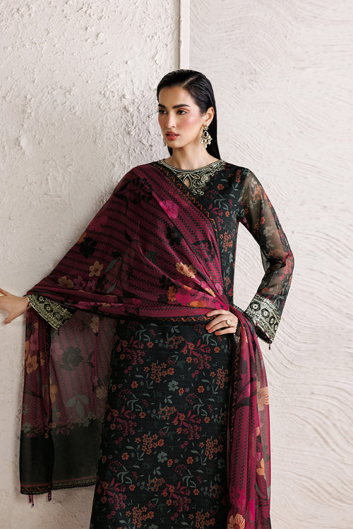 Farasha Fiorella Embroidered Chiffon Unstitched 3Pc Suit - Raven Melody