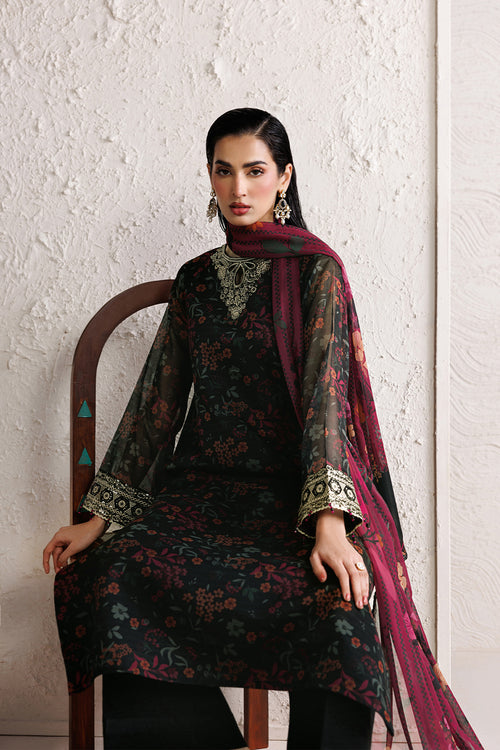 Farasha Fiorella Embroidered Chiffon Unstitched 3Pc Suit - Raven Melody