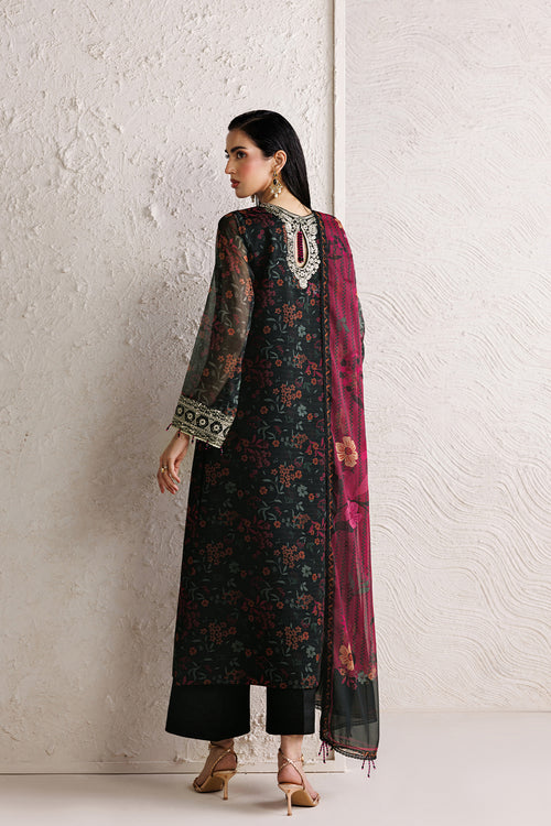 Farasha Fiorella Embroidered Chiffon Unstitched 3Pc Suit - Raven Melody