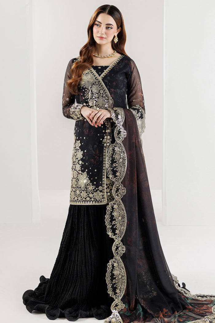 Farasha Fiorella Embroidered Chiffon Unstitched 3Pc Suit - RAVEN NOIR