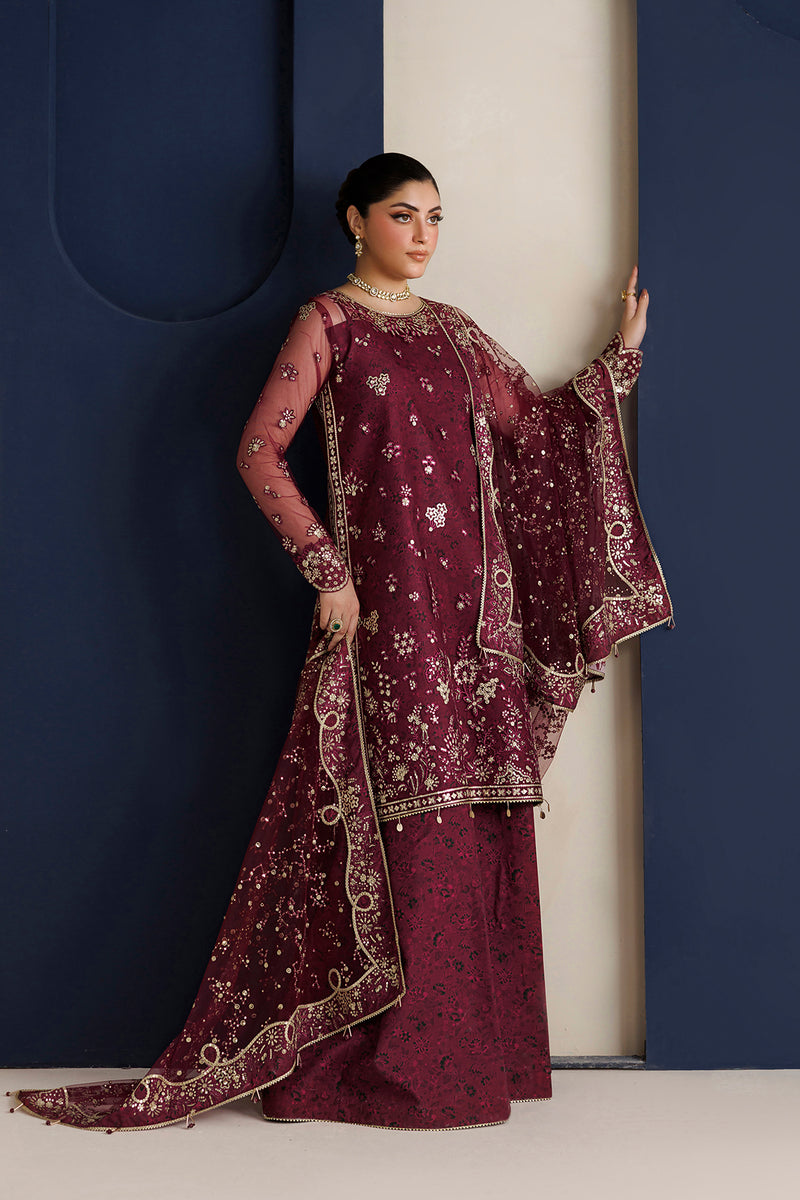 Farasha Luxury Formal Embroidered Net Unstitched 3Pc Suit - Ravish Garnet