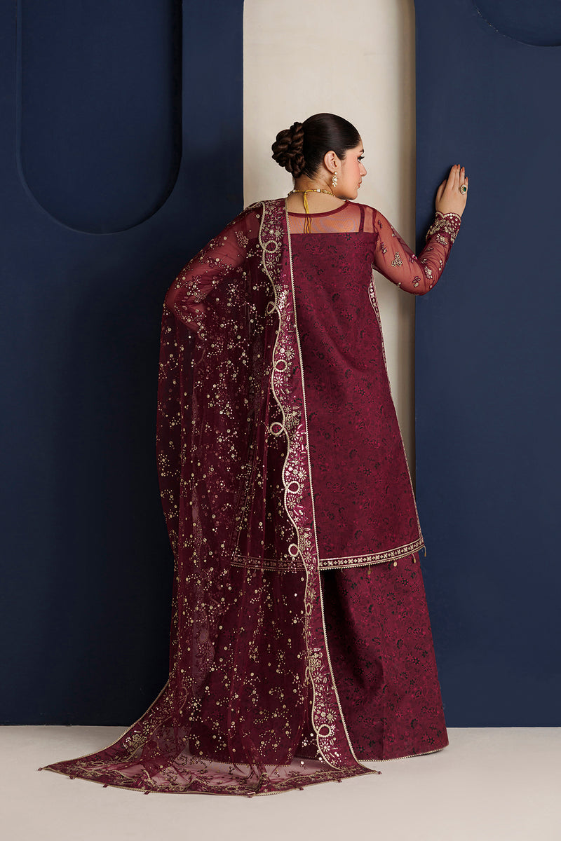 Farasha Luxury Formal Embroidered Net Unstitched 3Pc Suit - Ravish Garnet