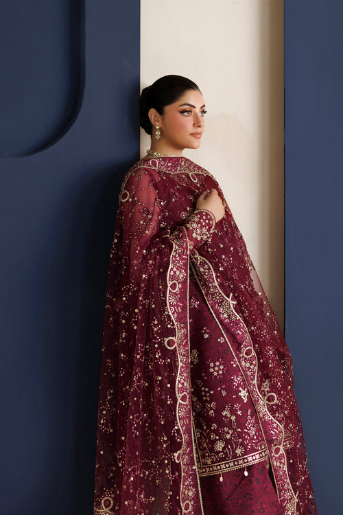 Farasha Luxury Formal Embroidered Net Unstitched 3Pc Suit - Ravish Garnet