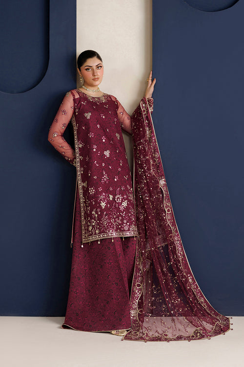 Farasha Luxury Formal Embroidered Net Unstitched 3Pc Suit - Ravish Garnet