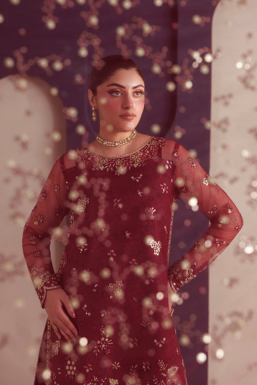 Farasha Luxury Formal Embroidered Net Unstitched 3Pc Suit - Ravish Garnet