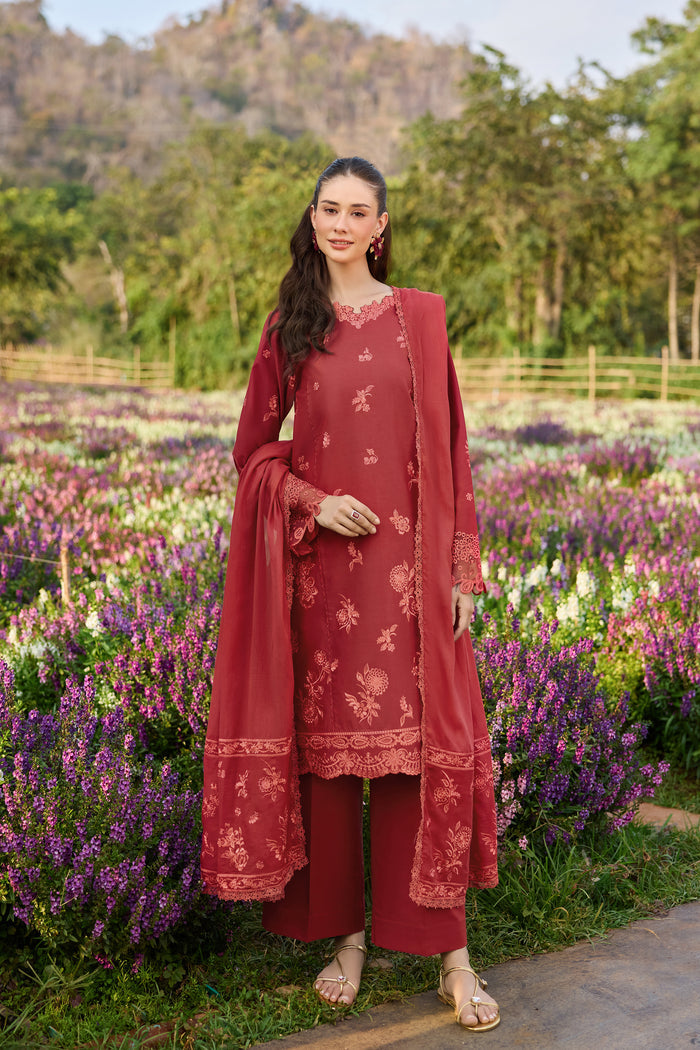 Farasha Summer Weaves Embroidered Lawn Unstitched 3Pc Suit - Red Whisper