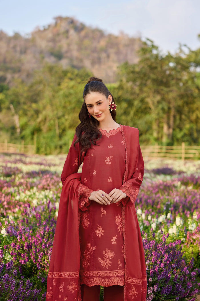 Farasha Summer Weaves Embroidered Lawn Unstitched 3Pc Suit - Red Whisper