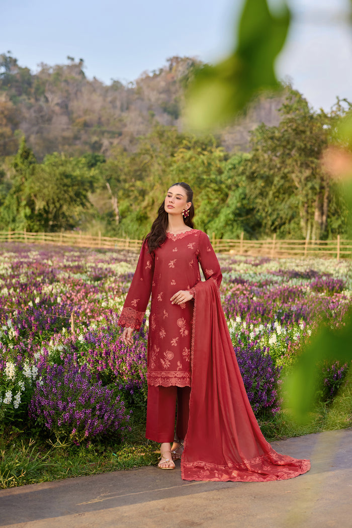 Farasha Summer Weaves Embroidered Lawn Unstitched 3Pc Suit - Red Whisper