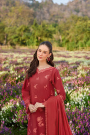 Farasha Summer Weaves Embroidered Lawn Unstitched 3Pc Suit - Red Whisper