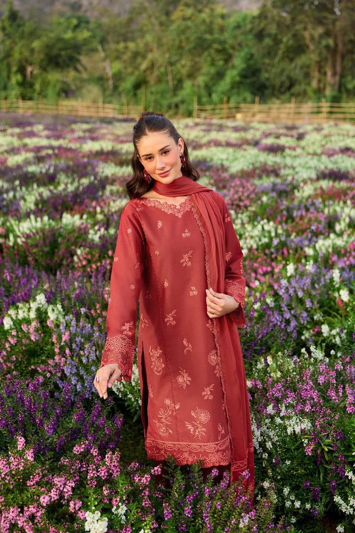 Farasha Summer Weaves Embroidered Lawn Unstitched 3Pc Suit - Red Whisper