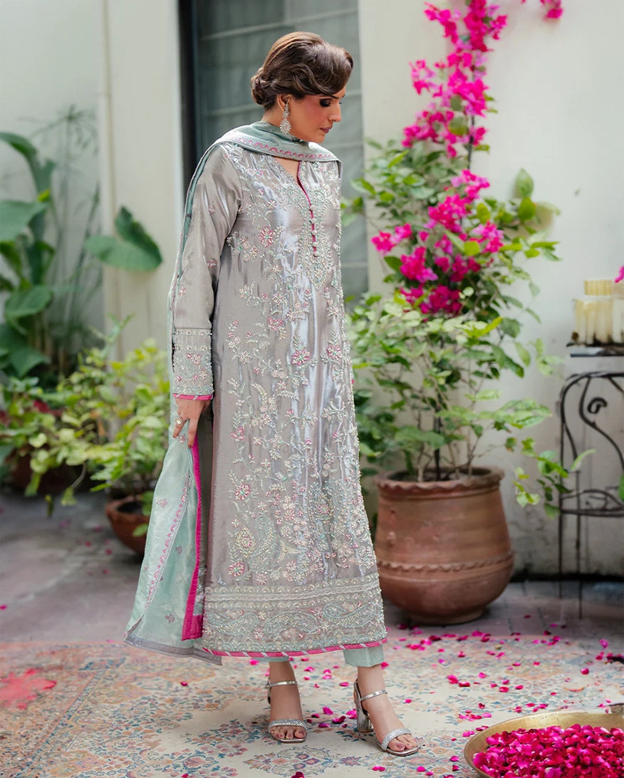 Mushq Sunehri Ramsha Edit Satin Zari Stitched 3Pc Suit - Resham