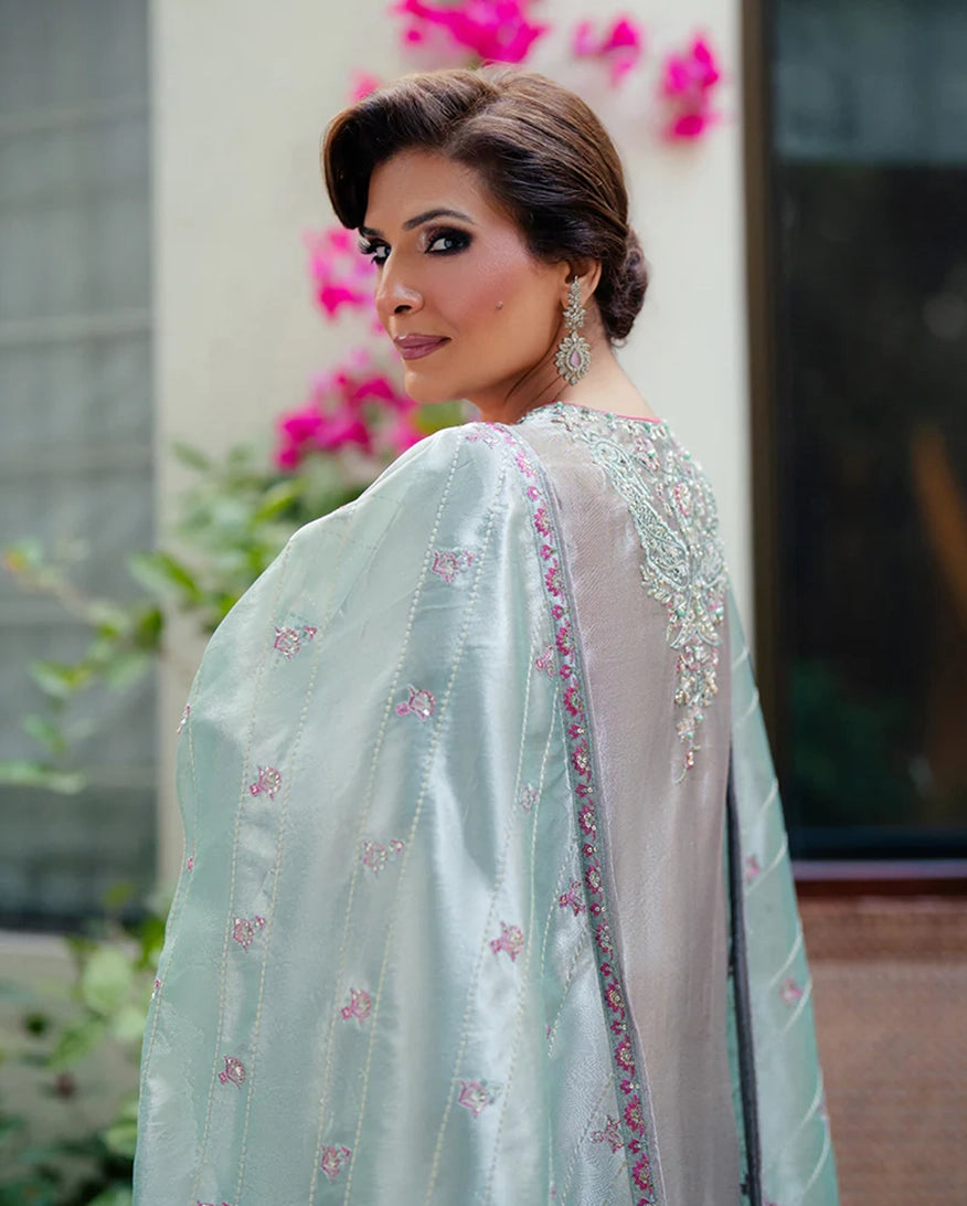 Mushq Sunehri Ramsha Edit Satin Zari Stitched 3Pc Suit - Resham