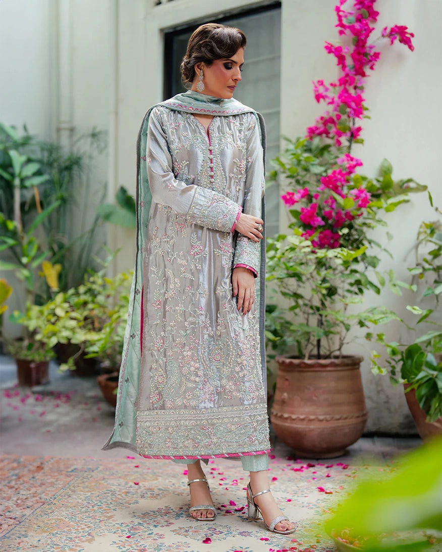 Mushq Sunehri Ramsha Edit Satin Zari Stitched 3Pc Suit - Resham