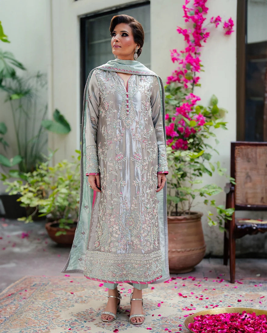 Mushq Sunehri Ramsha Edit Satin Zari Stitched 3Pc Suit - Resham