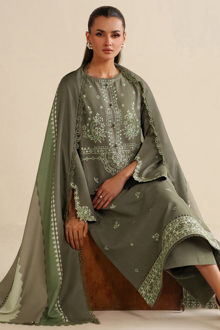 Farasha Winter Spell Embroidered Khaddar Unstitched 3Pc Suit - Retro