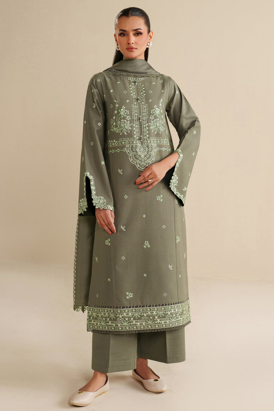 Farasha Winter Spell Embroidered Khaddar Unstitched 3Pc Suit - Retro