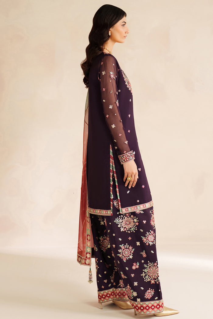 Farasha Luxury Embroidered Chiffon Unstitched 3Pc Suit - Rosette Glow