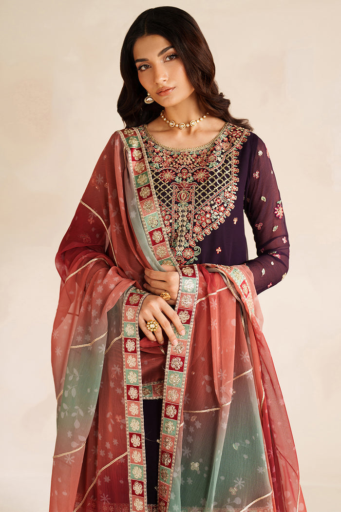 Farasha Luxury Embroidered Chiffon Unstitched 3Pc Suit - Rosette Glow