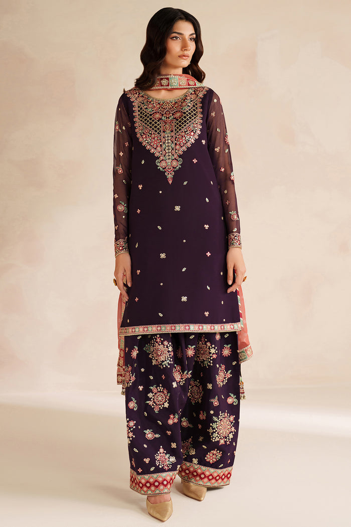Farasha Luxury Embroidered Chiffon Unstitched 3Pc Suit - Rosette Glow