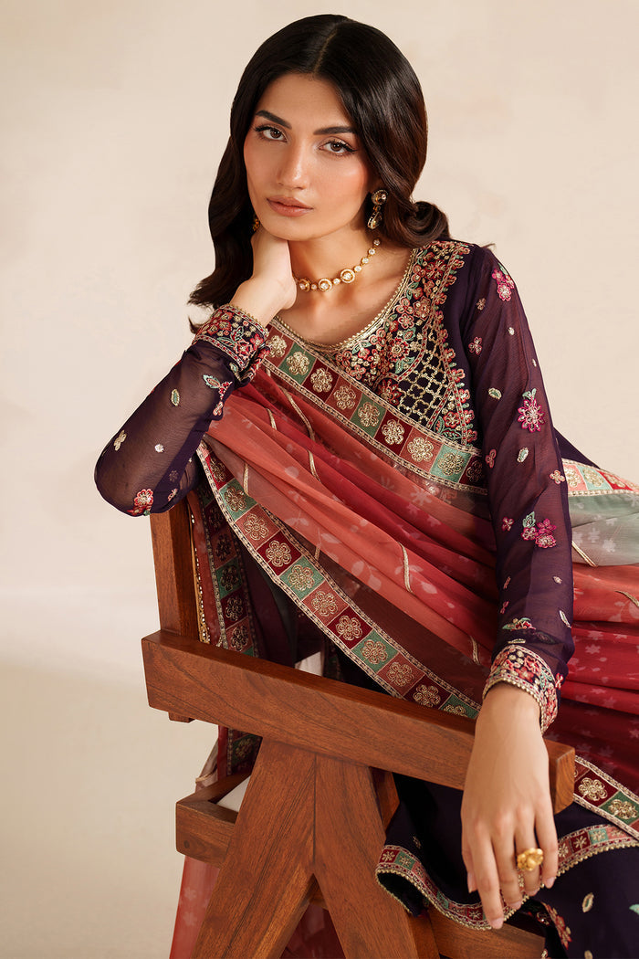 Farasha Luxury Embroidered Chiffon Unstitched 3Pc Suit - Rosette Glow