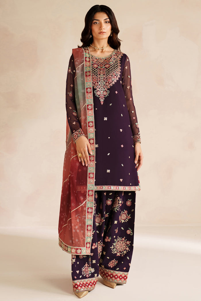 Farasha Luxury Embroidered Chiffon Unstitched 3Pc Suit - Rosette Glow