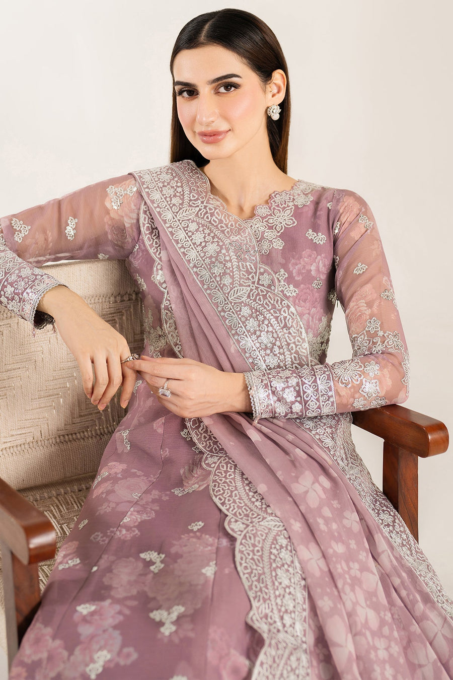Farasha Fiorella Embroidered Chiffon Unstitched 3Pc Suit - Rosy Spark