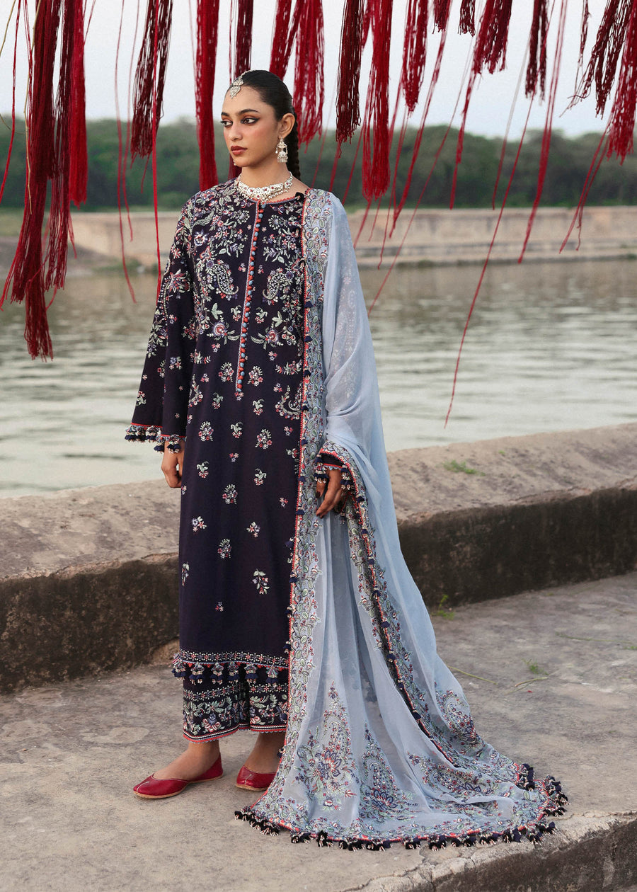 Hussain Rehar Embroidered Karandi Unstitched 3Pc Suit - Rouge