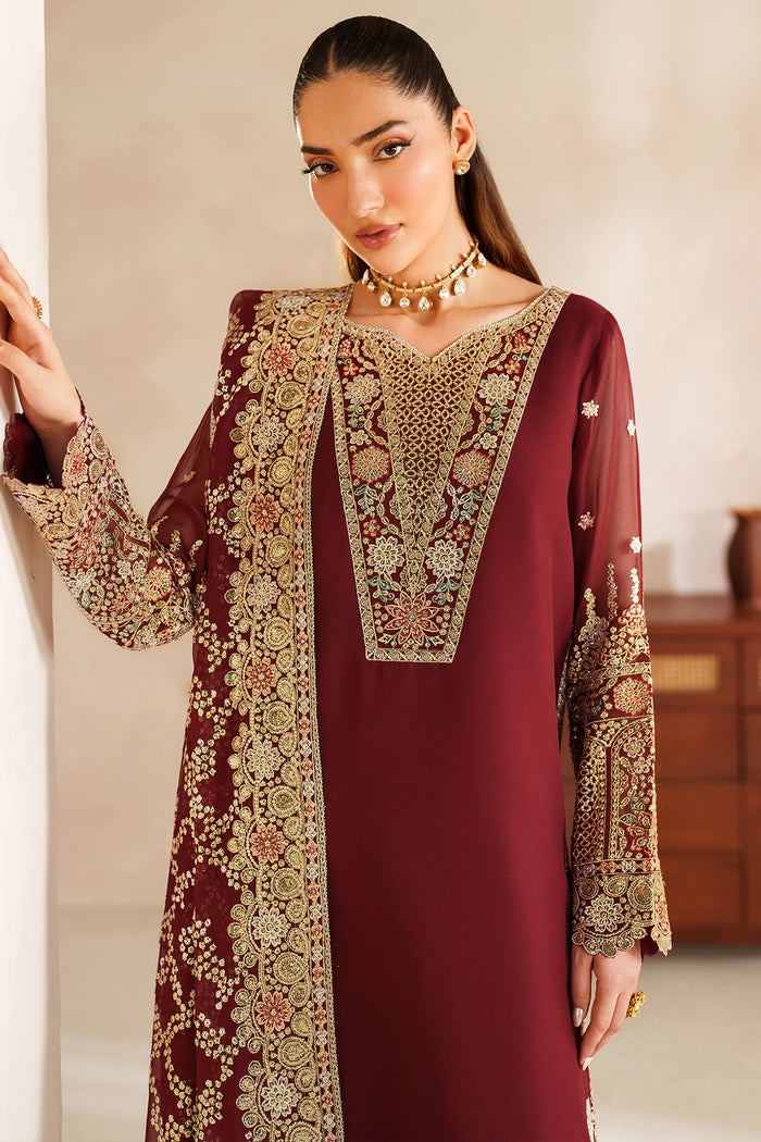 Farasha Luxury Embroidered Chiffon Unstitched 3Pc Suit - Rouge Muse