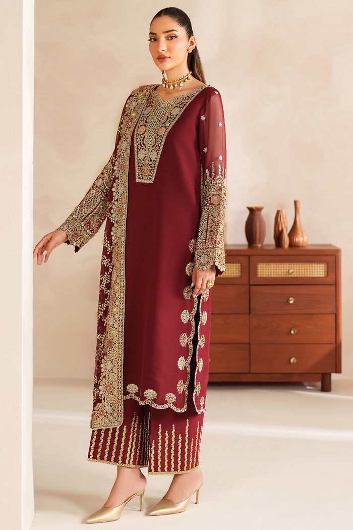 Farasha Luxury Embroidered Chiffon Unstitched 3Pc Suit - Rouge Muse