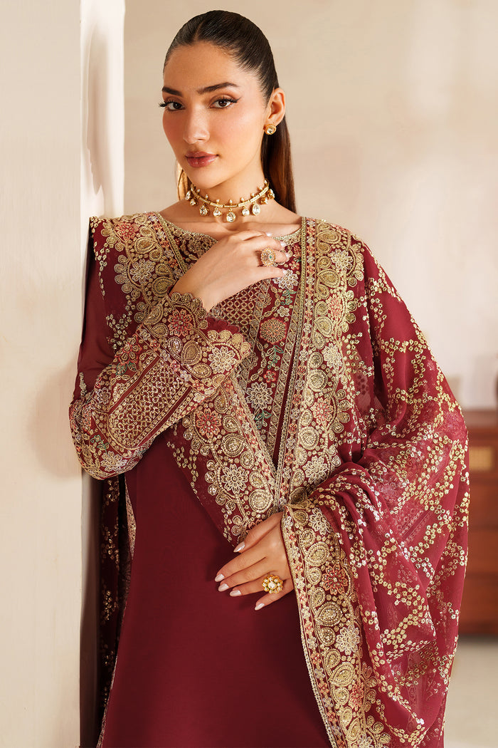 Farasha Luxury Embroidered Chiffon Unstitched 3Pc Suit - Rouge Muse