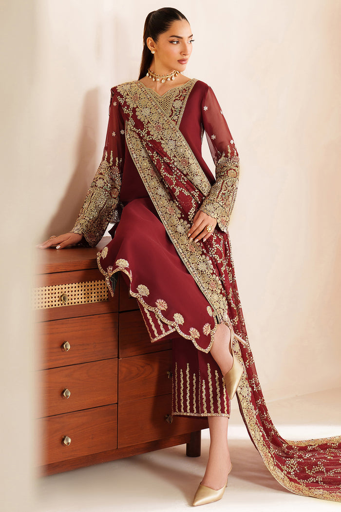 Farasha Luxury Embroidered Chiffon Unstitched 3Pc Suit - Rouge Muse