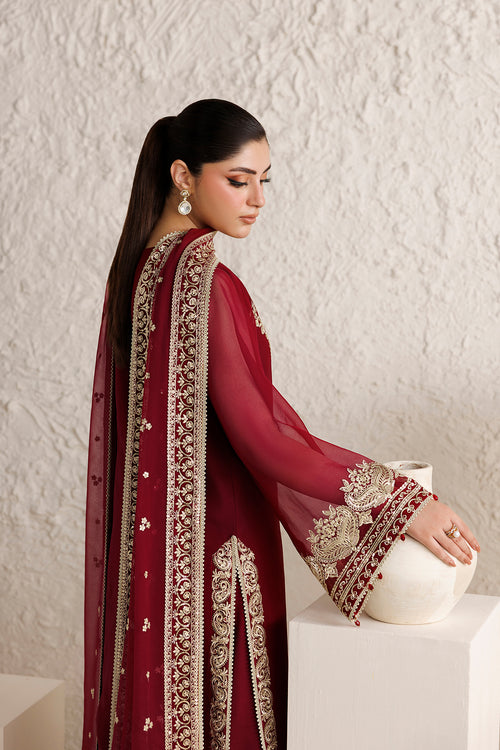 Farasha Luxury Formal Embroidered Chiffon Unstitched 3Pc Suit - Rouge Scarlet