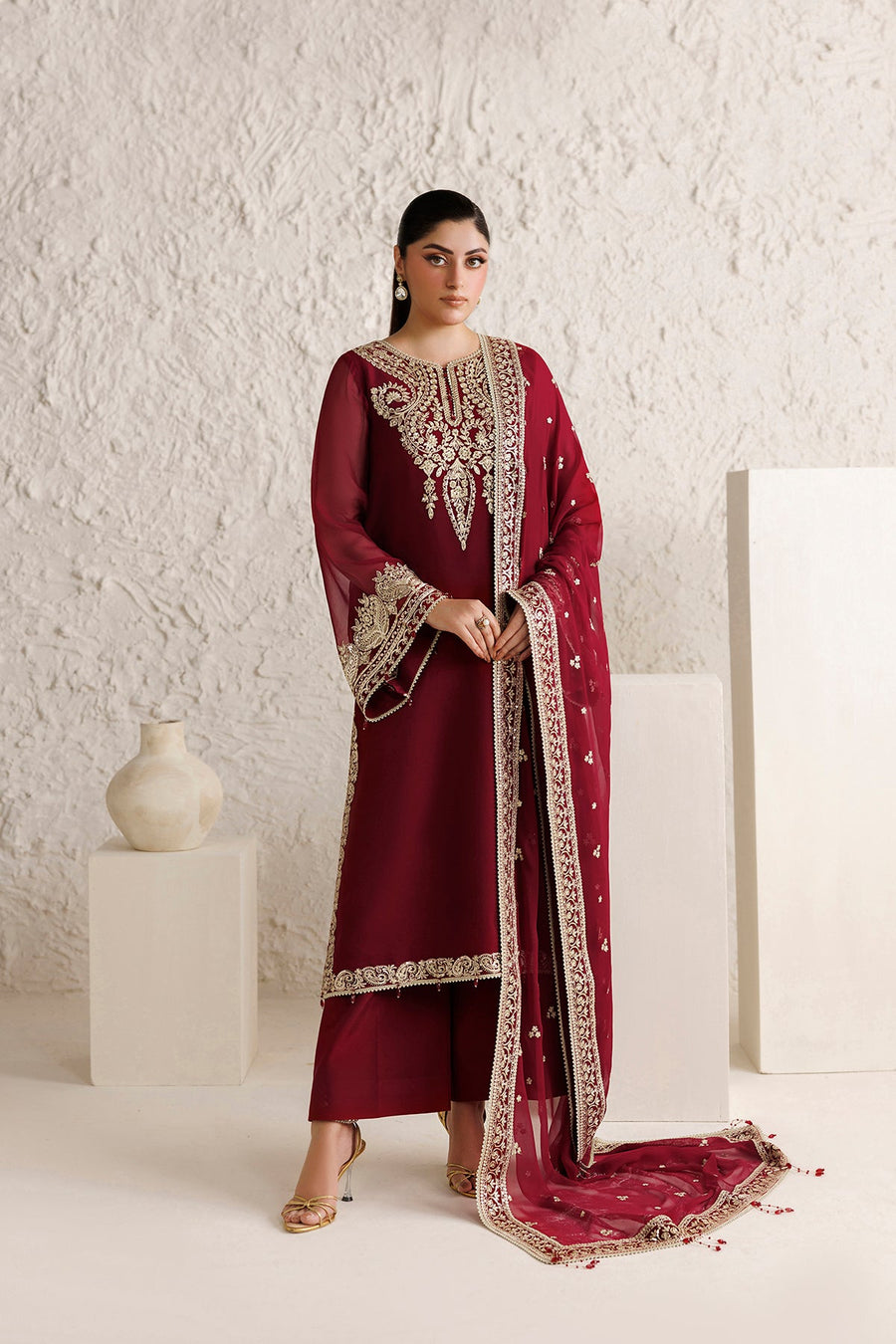 Farasha Luxury Formal Embroidered Chiffon Unstitched 3Pc Suit - Rouge Scarlet