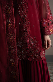 Close-up of a red embroidered garment with intricate patterns.
