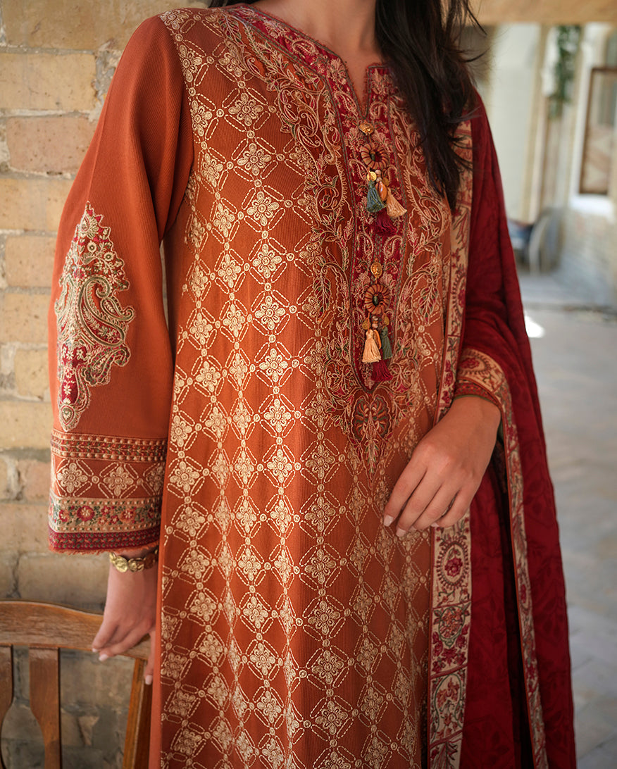 Mushq Broadway Embroidered Jacquard Unstitched 3Pc Suit - Rumi Sunset