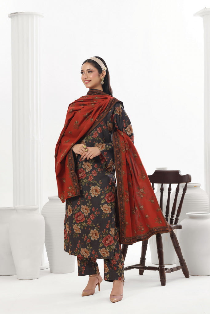 Feathers Digital Printed Dhanak Unstitched 3Pc Suit Rust Reverie-FT792