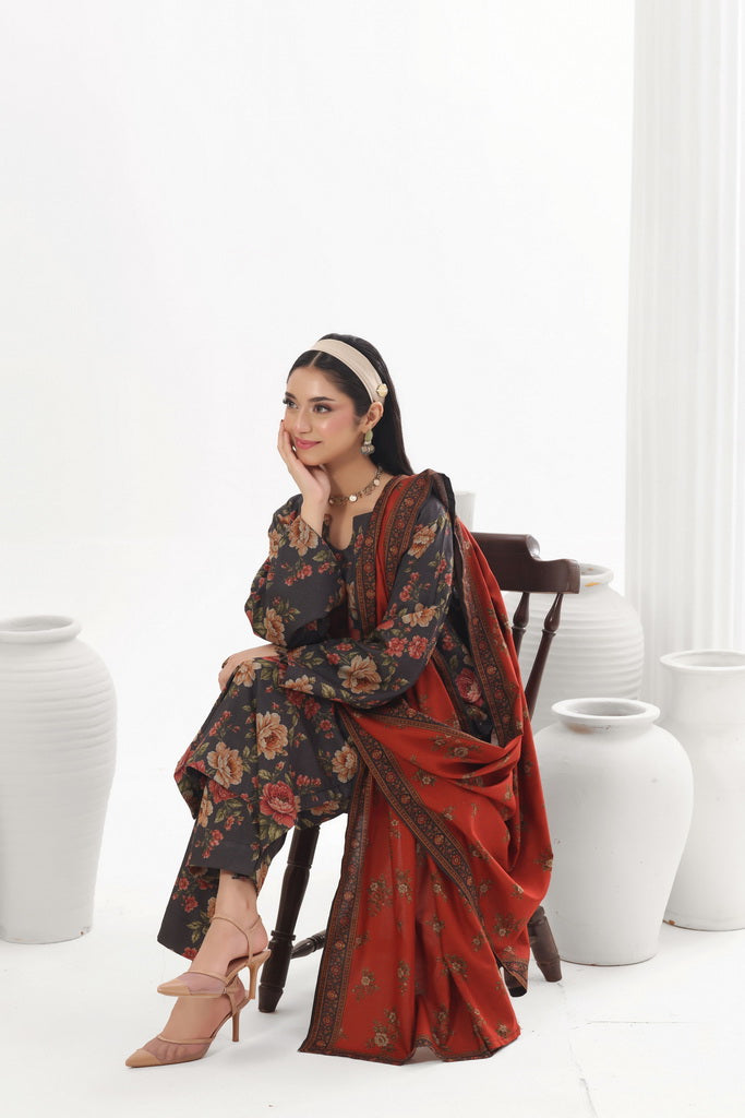 Feathers Digital Printed Dhanak Unstitched 3Pc Suit Rust Reverie-FT792