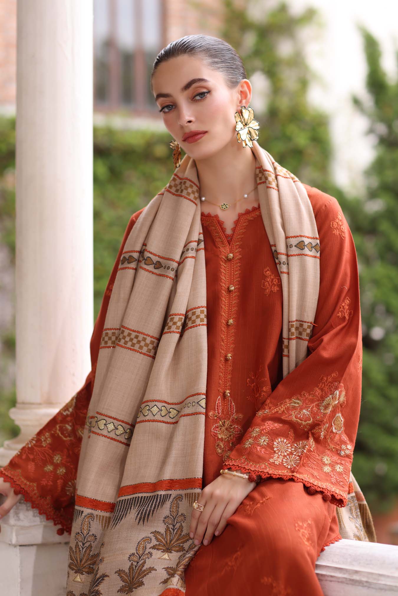 Noor by Saadia Asad Embroidered Khaddar Unstitched 3Pc Suit D-10 Rusti