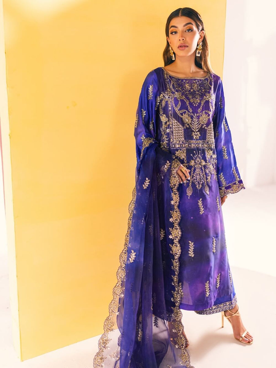 NUREH Unstitched Embroidered Charmeuse Printed Silk 3Pc Suit S-02