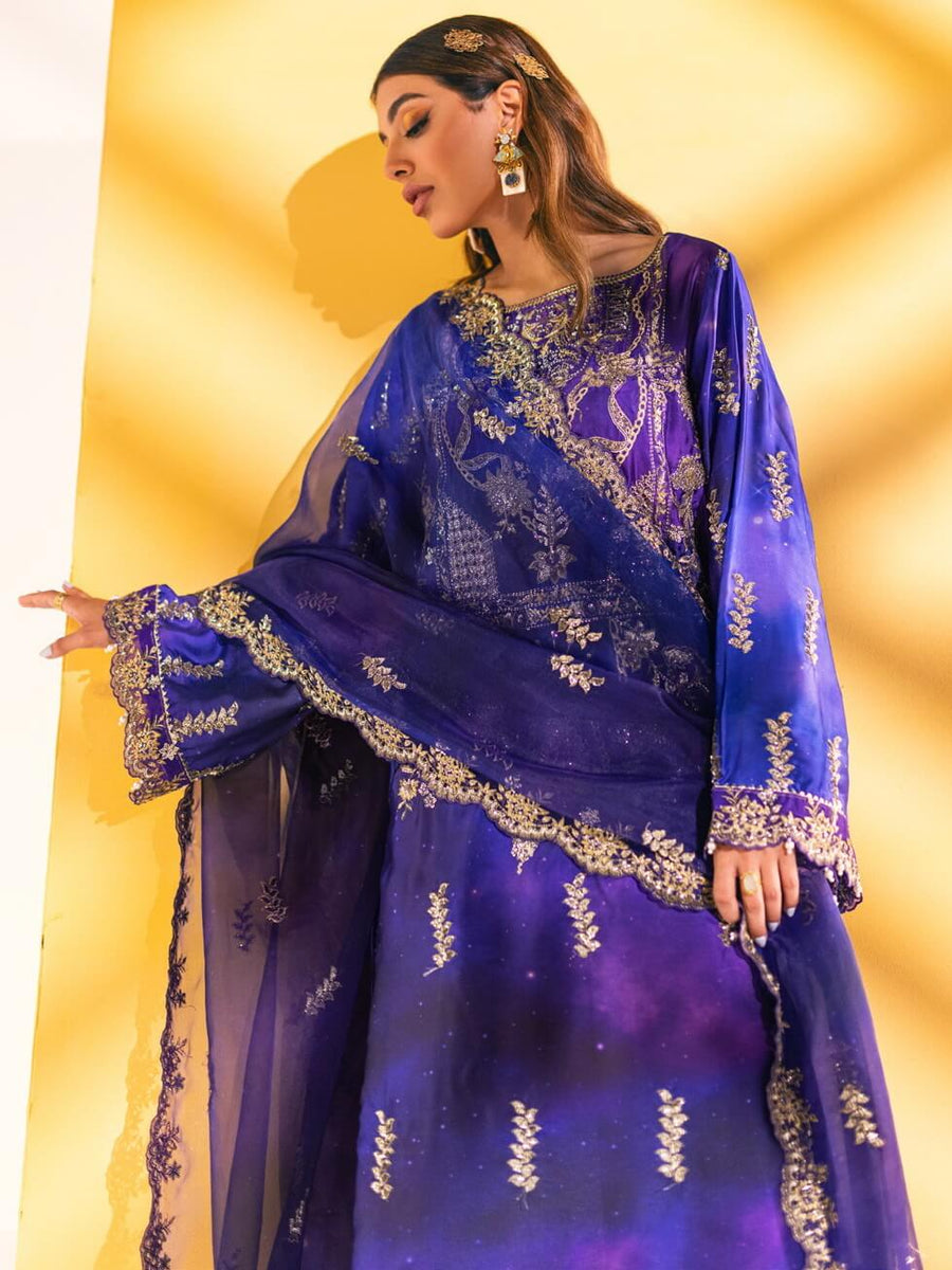 NUREH Unstitched Embroidered Charmeuse Printed Silk 3Pc Suit S-02