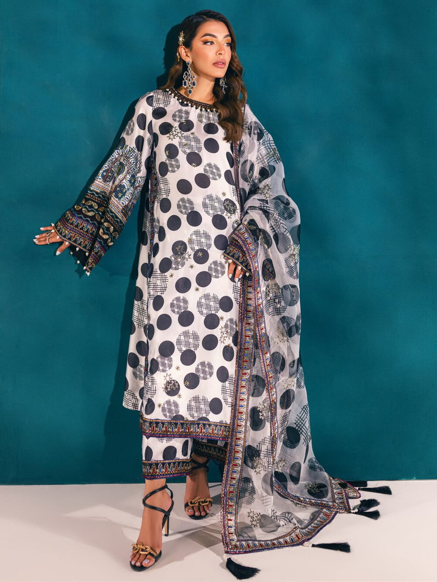 NUREH Unstitched Embroidered Charmeuse Printed Silk 3Pc Suit S-03