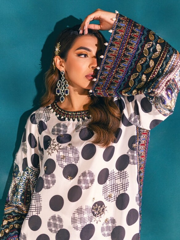 NUREH Unstitched Embroidered Charmeuse Printed Silk 3Pc Suit S-03