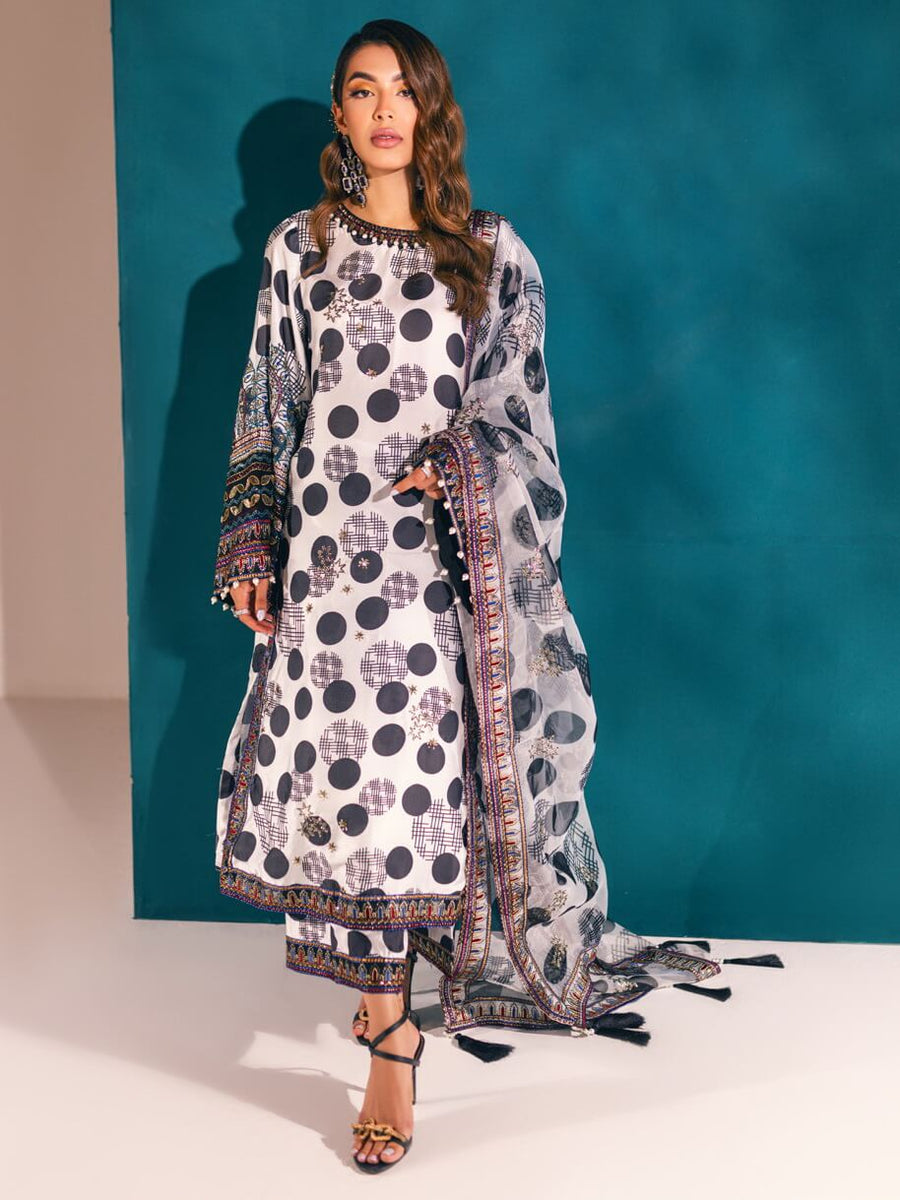 NUREH Unstitched Embroidered Charmeuse Printed Silk 3Pc Suit S-03