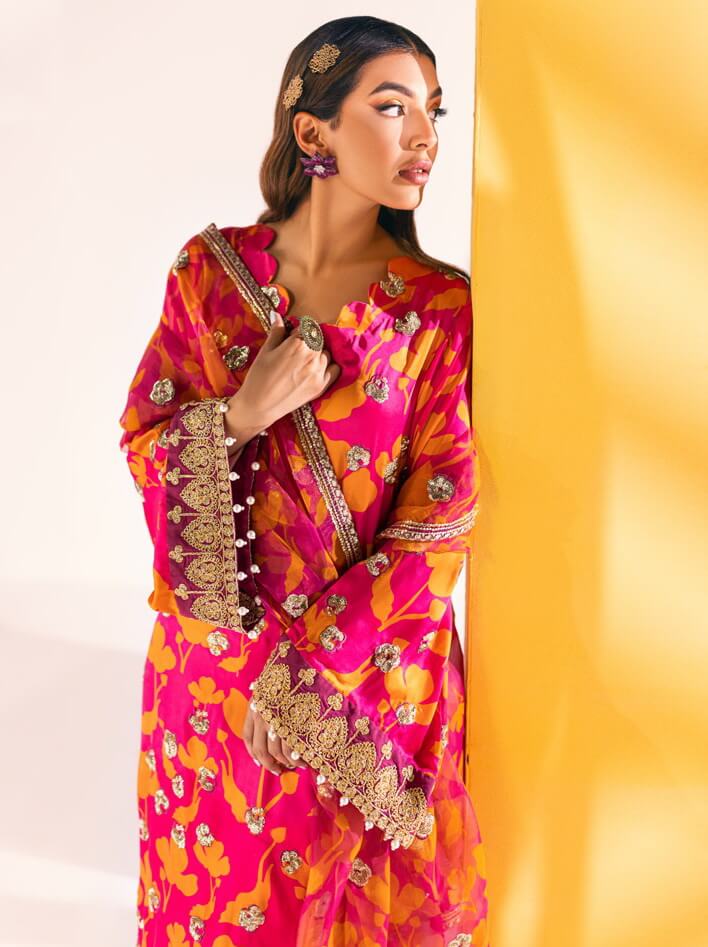 NUREH Unstitched Embroidered Charmeuse Printed Silk 3Pc Suit S-04