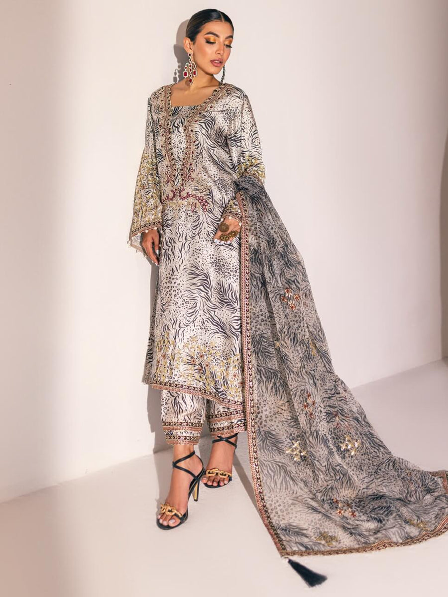 NUREH Unstitched Embroidered Charmeuse Printed Silk 3Pc Suit S-05
